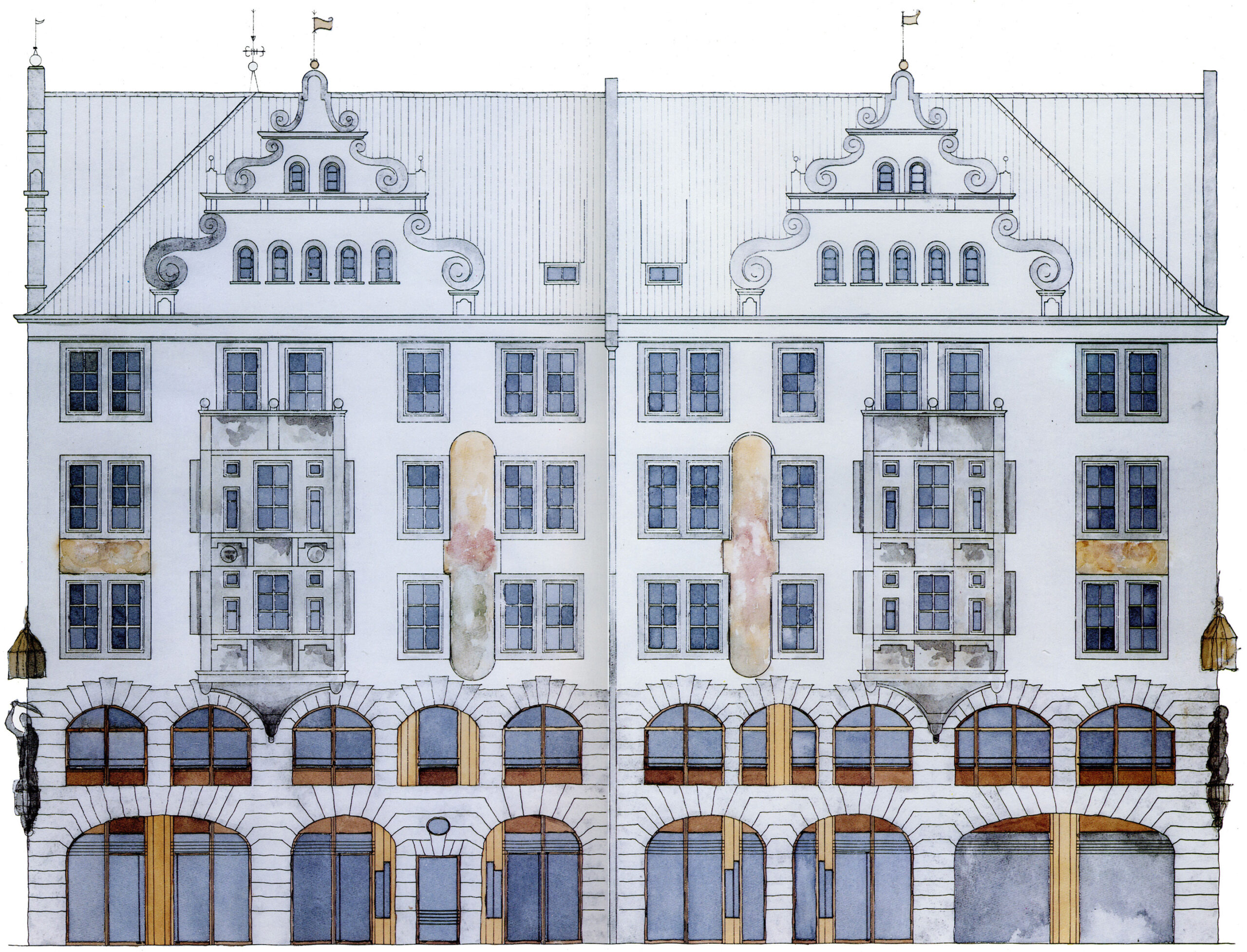 Kolorierte Ansicht des Singlspielerhauses - Sendlingerstraße in der Münchener Altstadt. Farb- u. Materialkonzept nach denkmalpflegerischen Anforderungen.